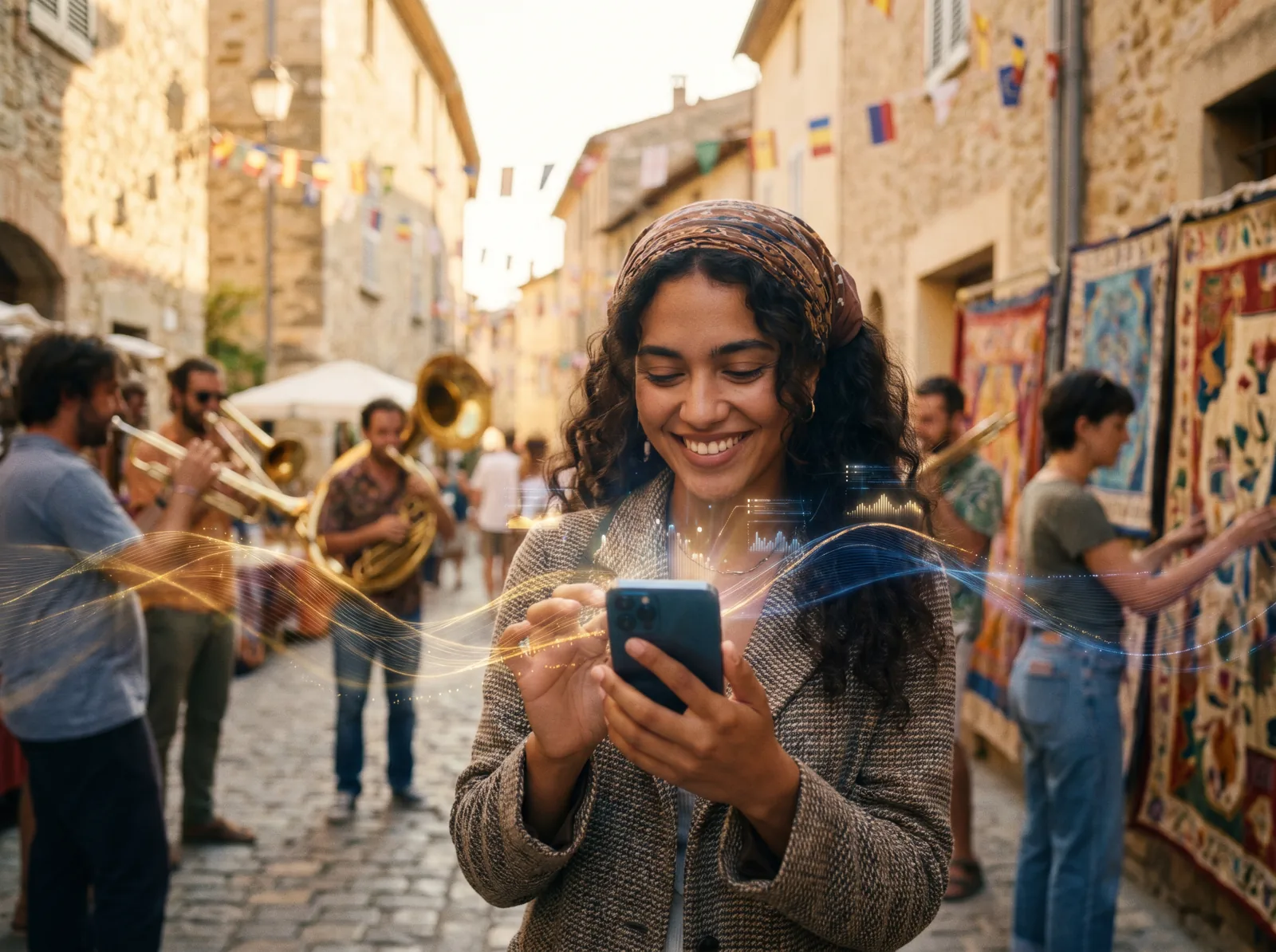 A young woman engaging with a personalized brand experience on her phone in a vibrant cultural setting, warm holographic data threads flowing around her.